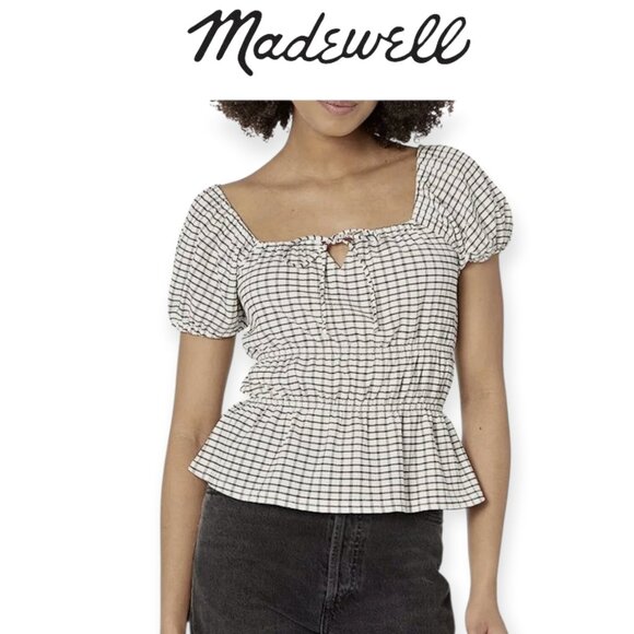 Madewell Gingham Tiered Keyhole Puff-Sleeve Black/White blouse size M NWT - Picture 1 of 11